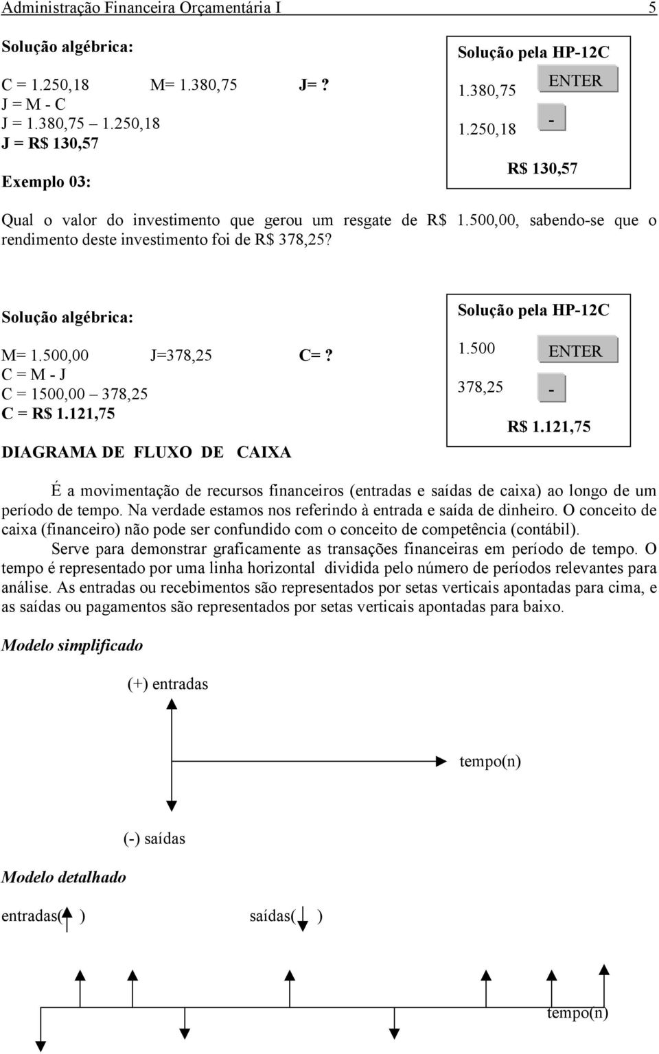 C = M - J C = 1500,00 378,25 C = R$ 1.121,75 DIAGRAMA DE FLUXO DE CAIXA Solução pela HP-12C 1.500 ENTER 378,25 - R$ 1.