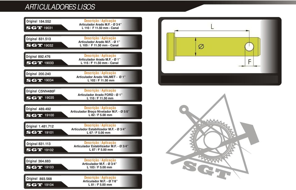 50 mm - Canal Articulador Arado VALMET - Ø 1 L 102 / F 11.50 mm Articulador Arado FORD - Ø 1 L 110 / F 11.50 mm Articulador Braço Nivelador M.F. - Ø 5/8 L 82 / F 5.