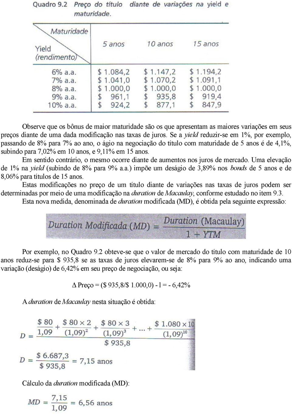 Em sentido contrário, o mesmo ocorre diante de aumentos nos juros de mercado. Uma elevação de 1% na yield (subindo de 8% para 9% a.a.) impõe um deságio de 3,89% nos bonds de 5 anos e de 8,06% para títulos de 15 anos.