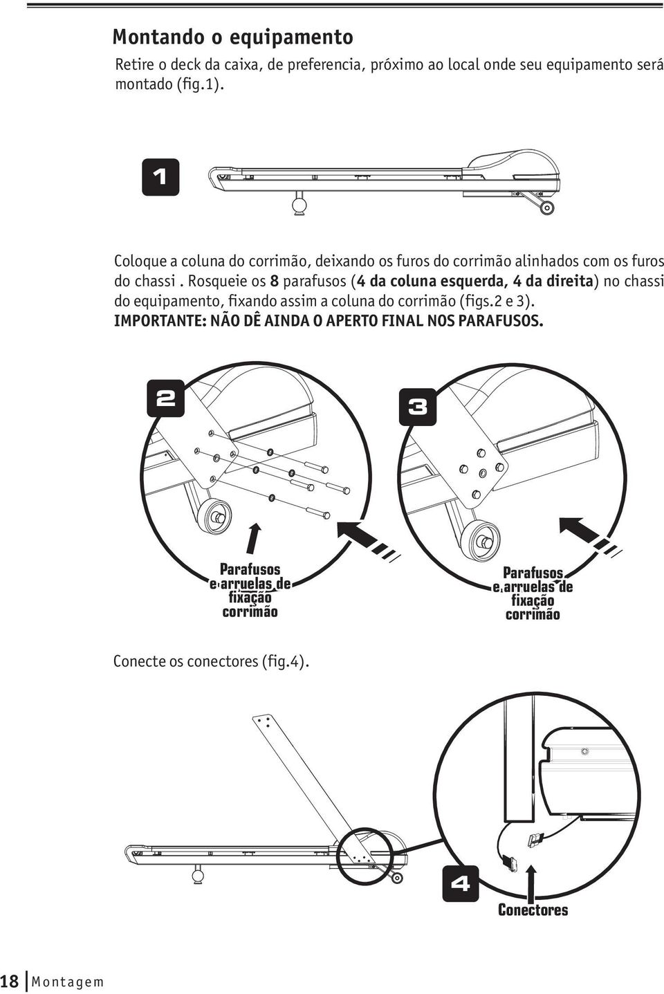 Rosqueie os 8 parafusos ( 4 da coluna esquerda, 4 da direita) no chassi do equipamento, fixando assim a coluna do corrimão (figs.2 e 3).