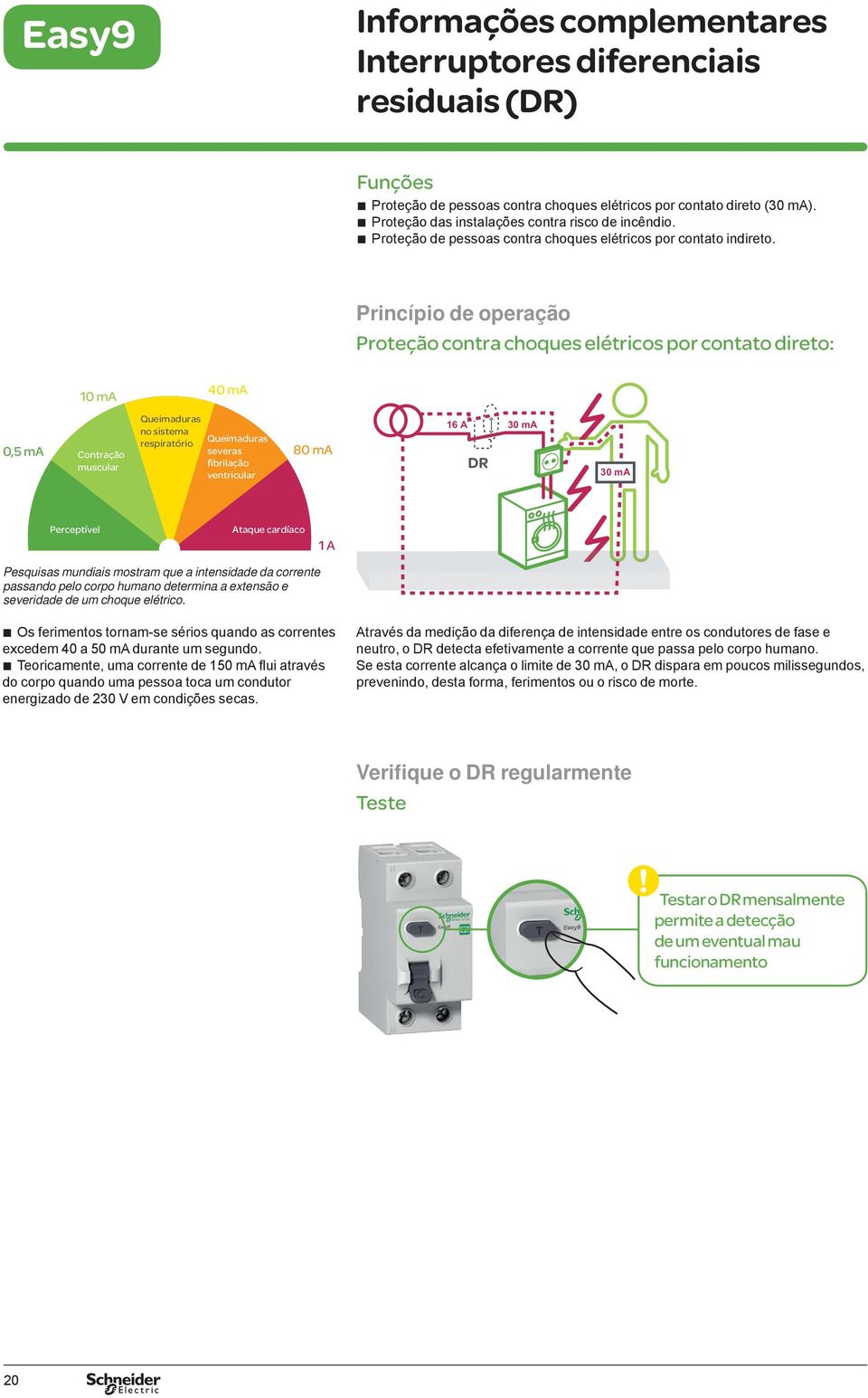 Princípio de operação Proteção contra choques elétricos por contato direto: 10 ma 40 ma 0,5 ma Contração muscular Queimaduras no sistema respiratório Queimaduras severas fibrilação ventricular 80 ma