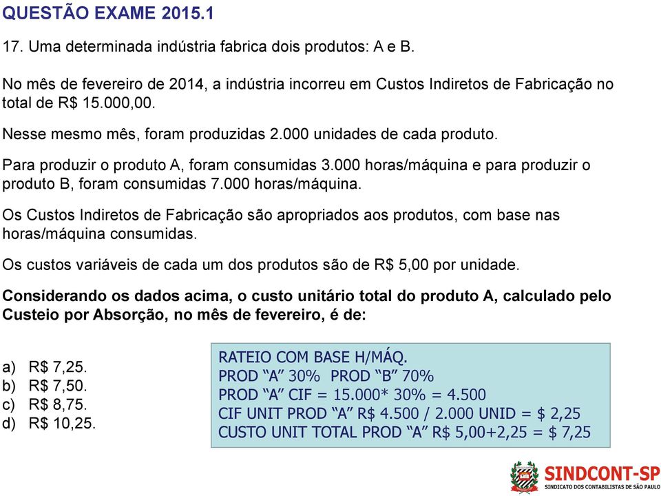 e para produzir o produto B, foram consumidas 7.000 horas/máquina. Os Custos Indiretos de Fabricação são apropriados aos produtos, com base nas horas/máquina consumidas.