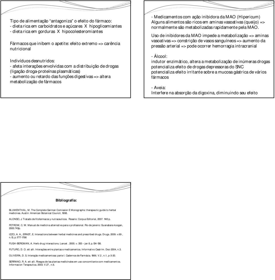 altera metabolização de fármacos - Medicamentos com ação inibidora da MAO (Hipericum) Alguns alimentos são ricos em aminas vasoativas (queijo) => normalmente são metabolizadas rapidamente pela MAO.