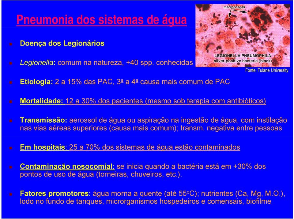 ou aspiração na ingestão de água, com instilação nas vias aéreas superiores (causa mais comum); transm.