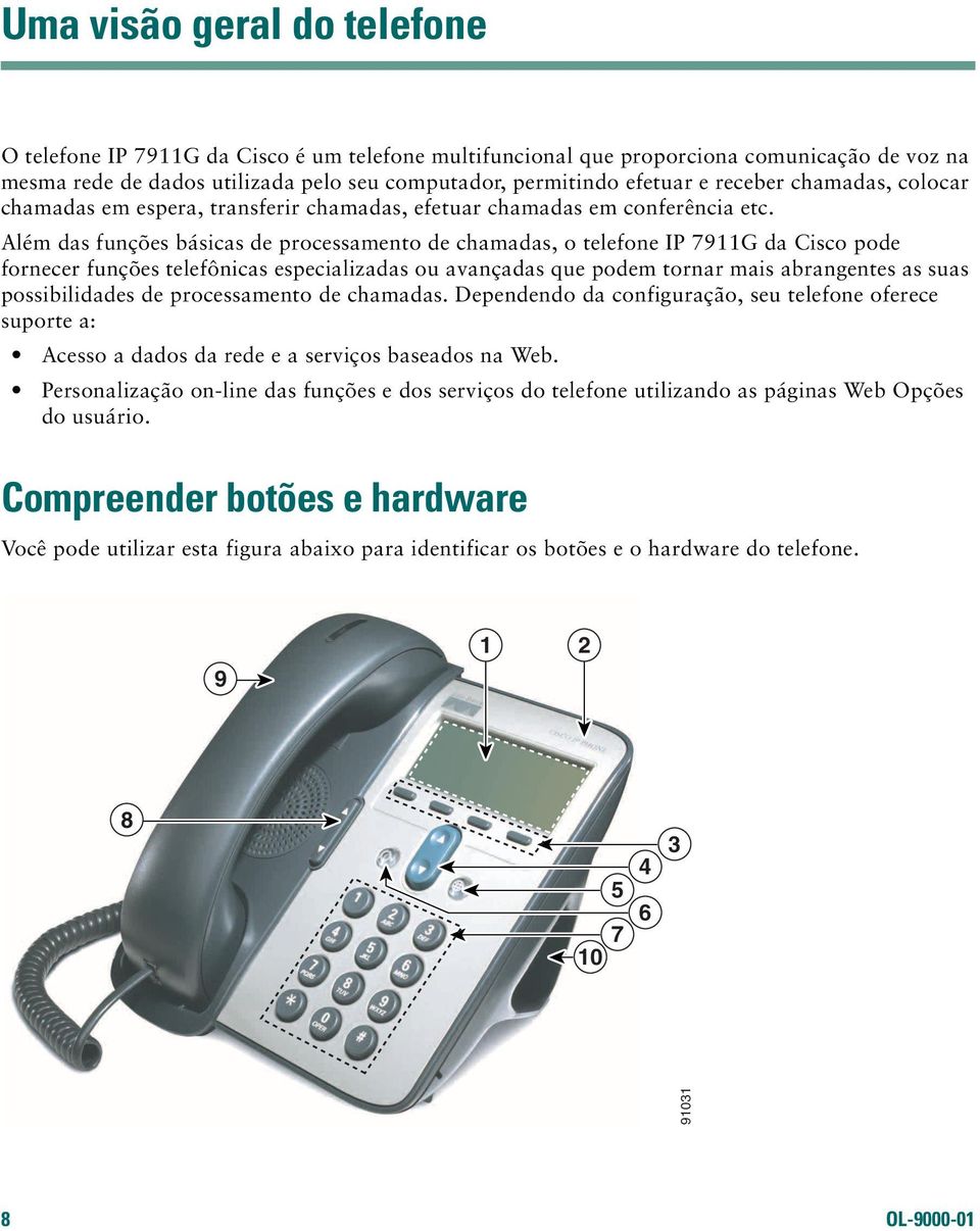 Além das funções básicas de processamento de chamadas, o telefone IP 7911G da Cisco pode fornecer funções telefônicas especializadas ou avançadas que podem tornar mais abrangentes as suas