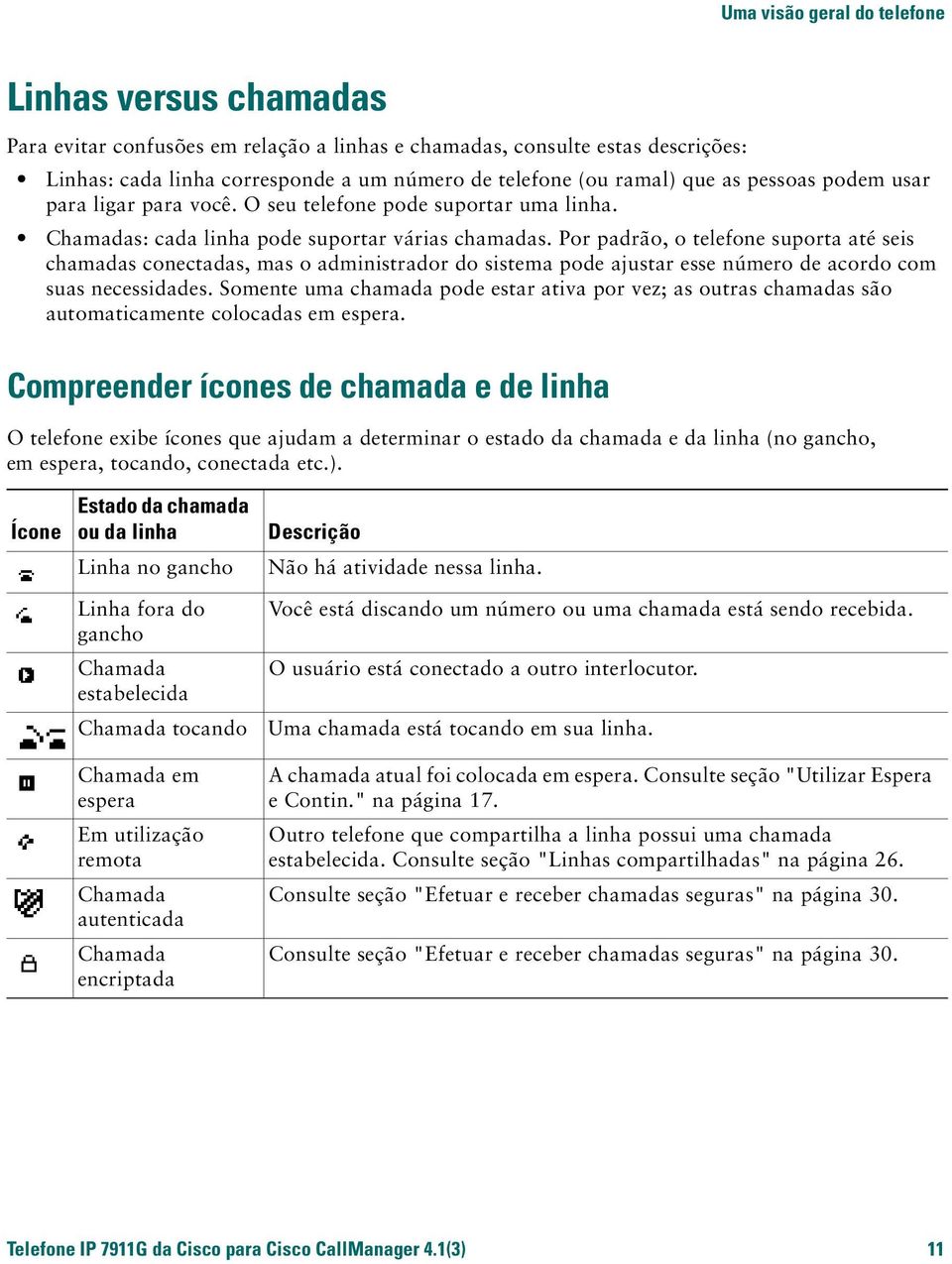 Por padrão, o telefone suporta até seis chamadas conectadas, mas o administrador do sistema pode ajustar esse número de acordo com suas necessidades.