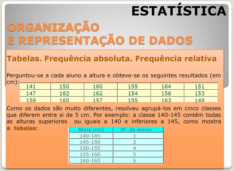 resultados (em cm): Como os dados são muito diferentes, resolveu agrupá-los em cinco