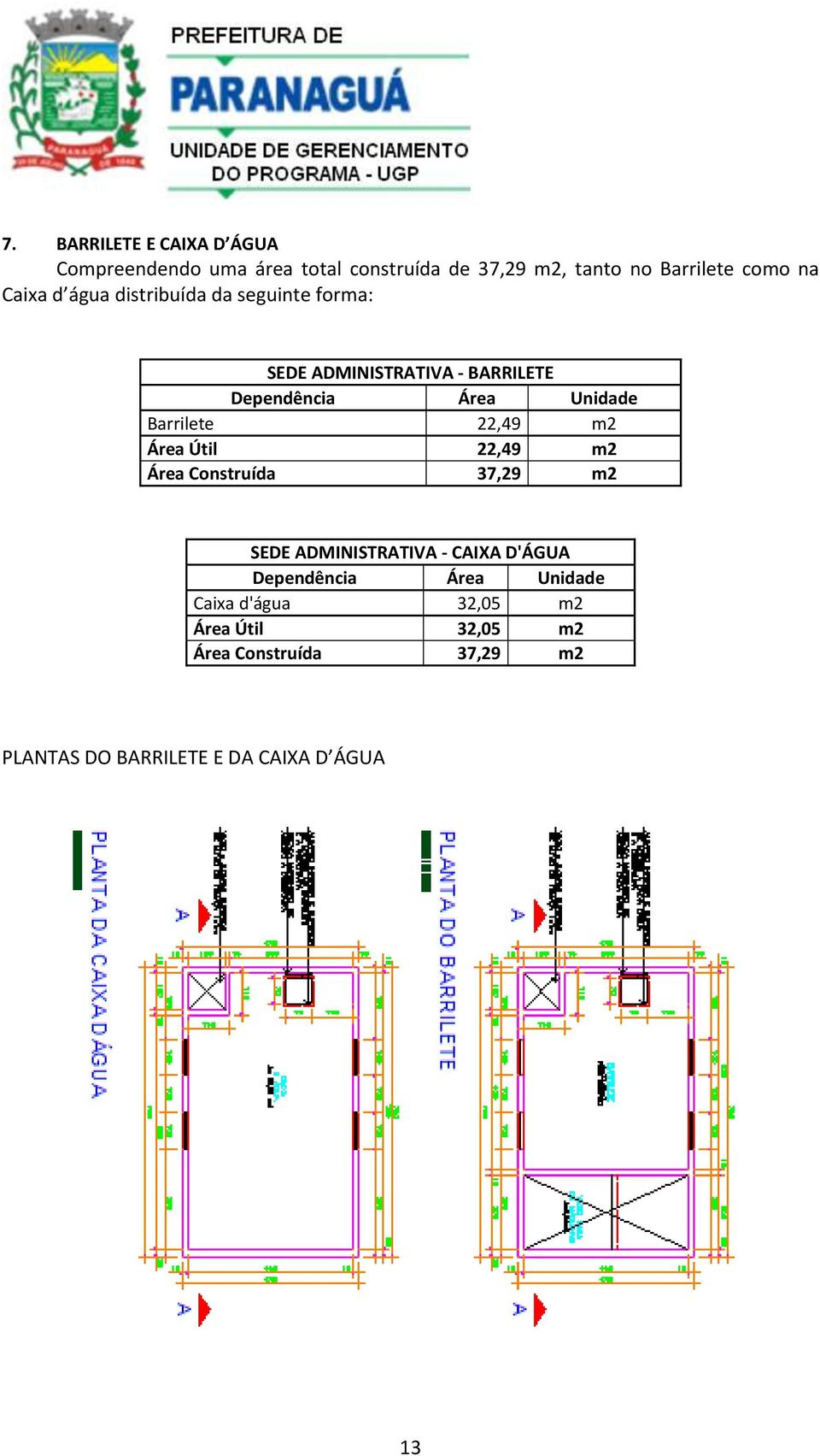 Barrilete 22,49 m2 Área Útil 22,49 m2 Área Construída 37,29 m2 SEDE ADMINISTRATIVA - CAIXA D'ÁGUA Dependência