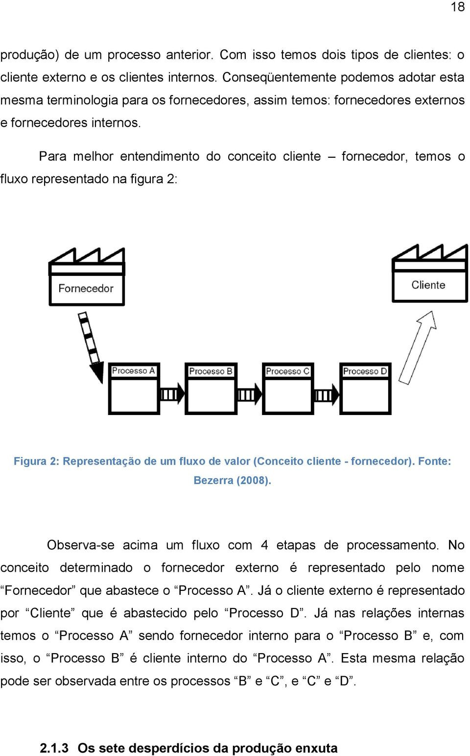 Para melhor entendimento do conceito cliente fornecedor, temos o fluxo representado na figura 2: Figura 2: Representação de um fluxo de valor (Conceito cliente - fornecedor). Fonte: Bezerra (2008).