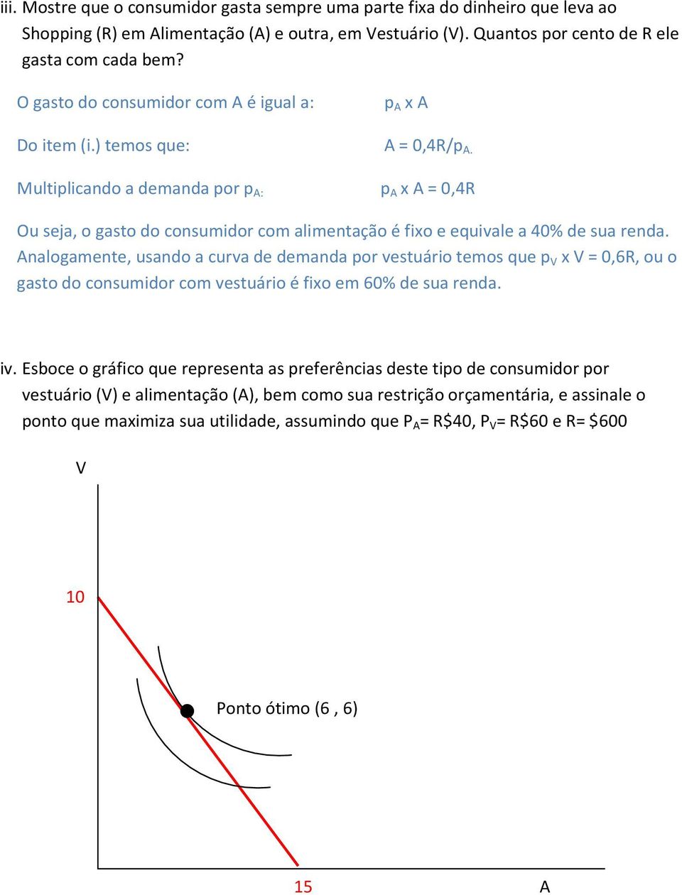 Multiplicando a demanda por p A: p A x A = 0,4R Ou seja, o gasto do consumidor com alimentação é fixo e equivale a 40% de sua renda.