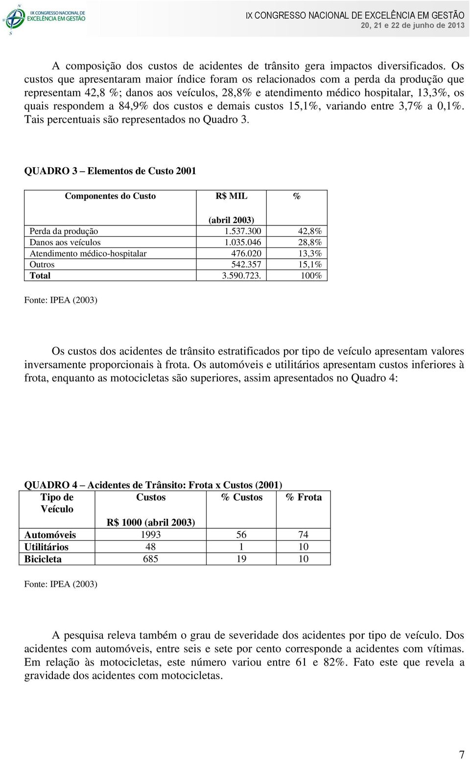 84,9% dos custos e demais custos 15,1%, variando entre 3,7% a 0,1%. Tais percentuais são representados no Quadro 3.