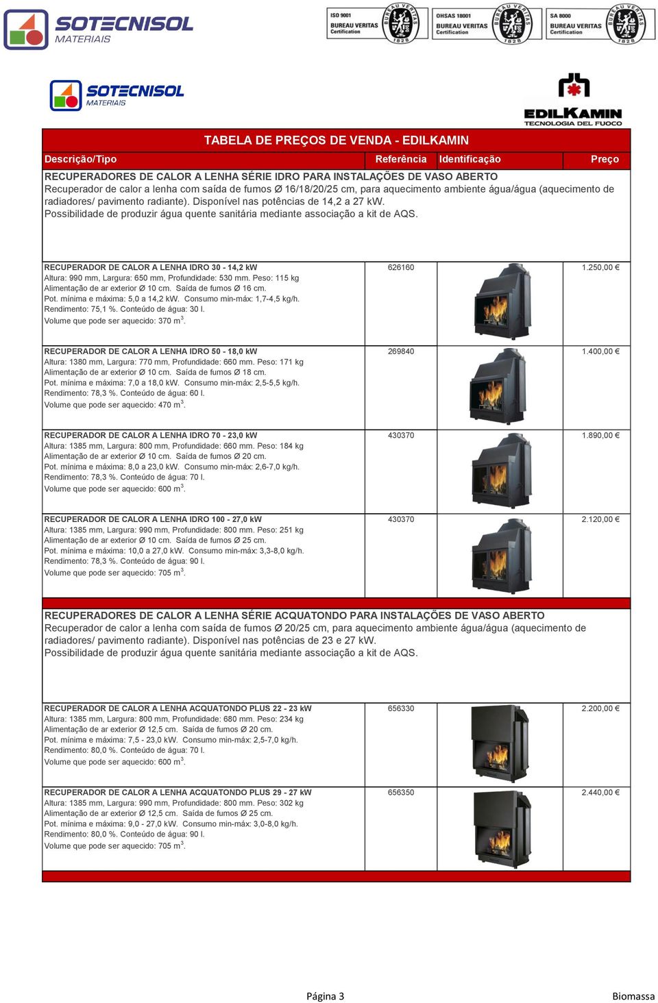 Peso: 115 kg Alimentação de ar exterior Ø 10 cm. Saída de fumos Ø 16 cm. Pot. mínima e máxima: 5,0 a 14,2 kw. Consumo min-máx: 1,7-4,5 kg/h. Rendimento: 75,1 %. Conteúdo de água: 30 l.