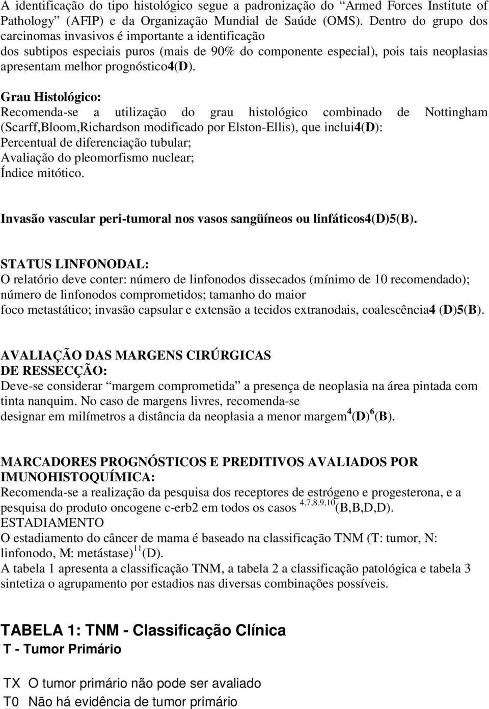 Grau Histológico: Recomenda-se a utilização do grau histológico combinado de Nottingham (Scarff,Bloom,Richardson modificado por Elston-Ellis), que inclui4(d): Percentual de diferenciação tubular;