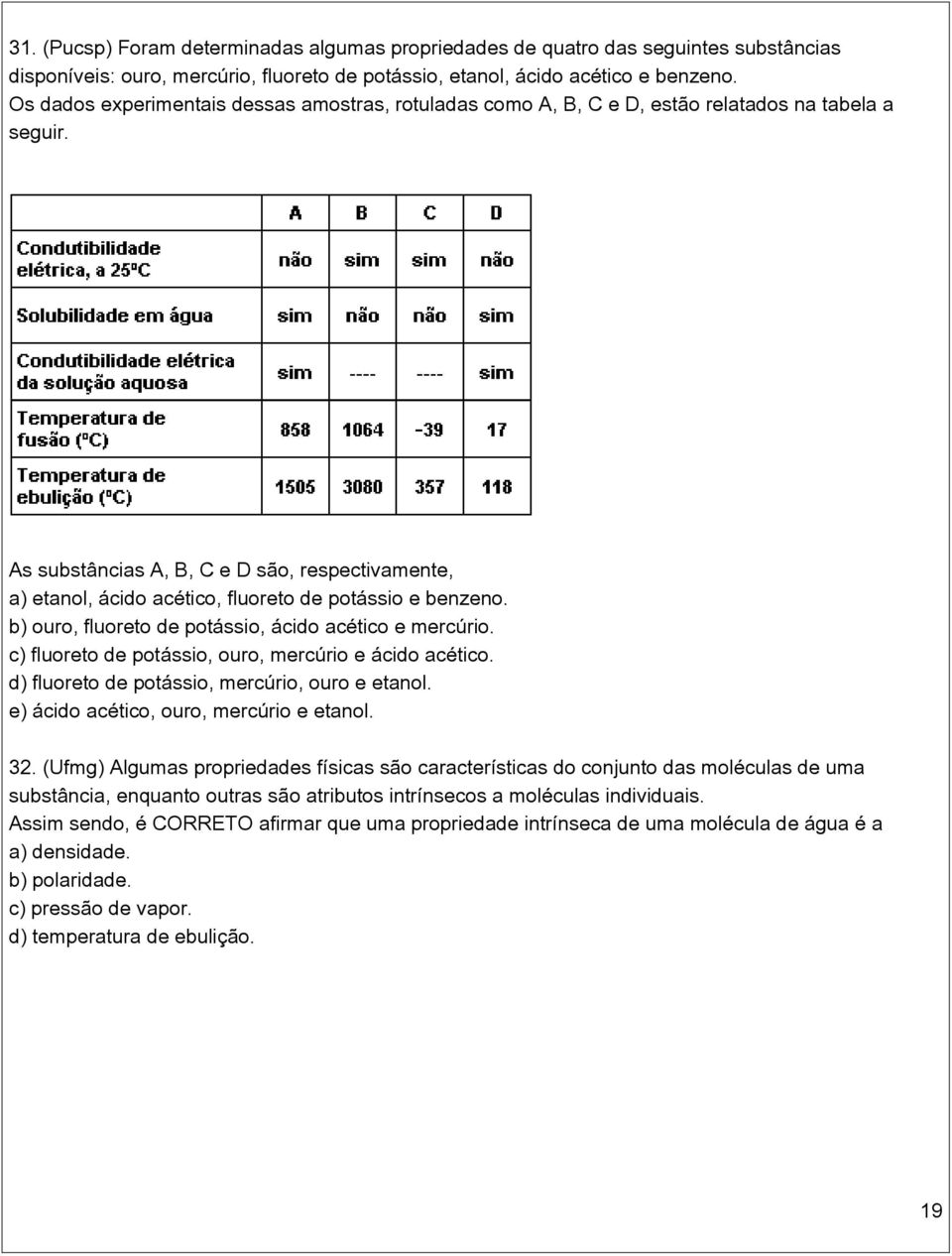 As substâncias A, B, C e D são, respectivamente, a) etanol, ácido acético, fluoreto de potássio e benzeno. b) ouro, fluoreto de potássio, ácido acético e mercúrio.