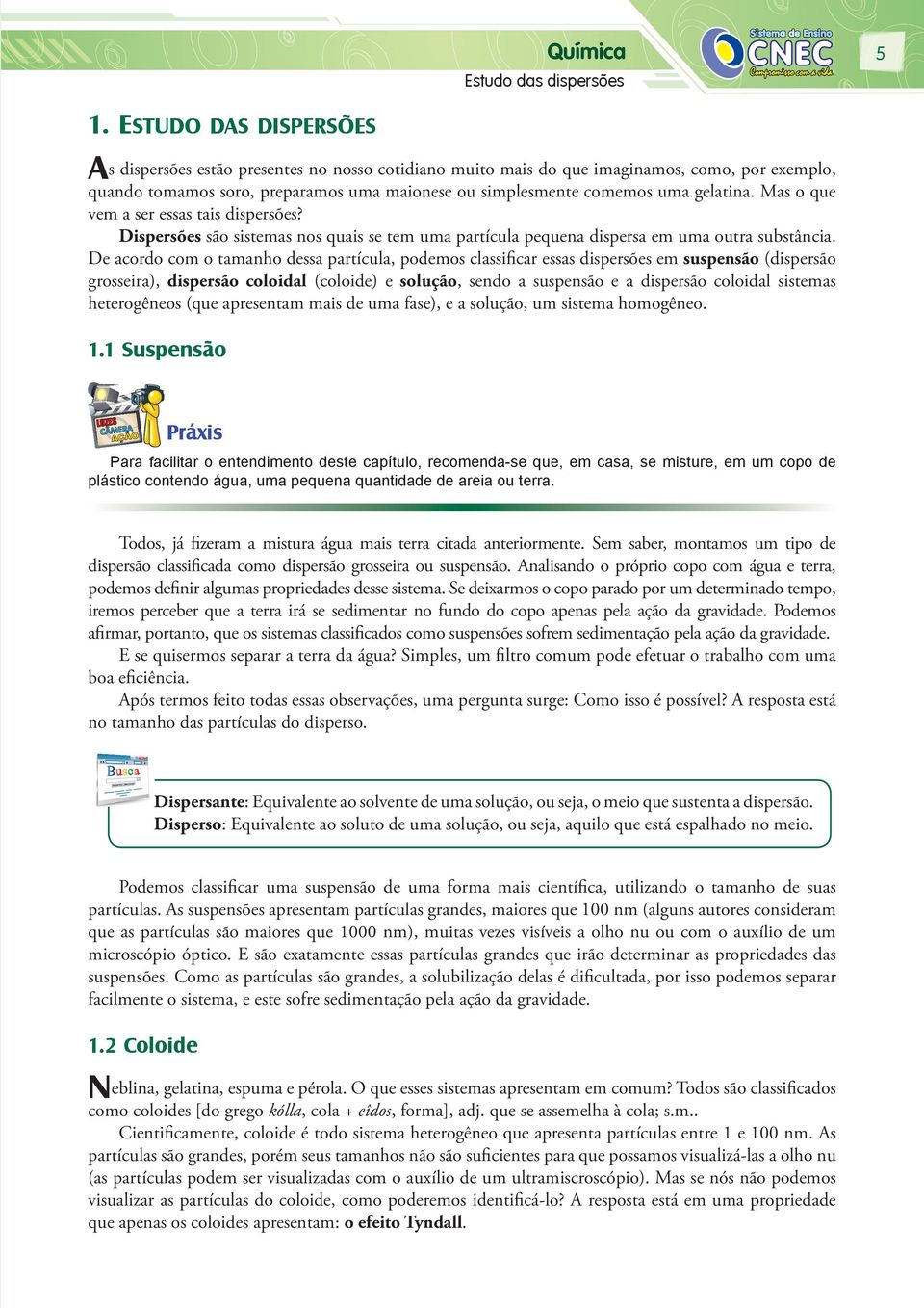 De acordo com o tamanho dessa partícula, podemos classificar essas dispersões em suspensão (dispersão grosseira), dispersão coloidal (coloide) e solução, sendo a suspensão e a dispersão coloidal