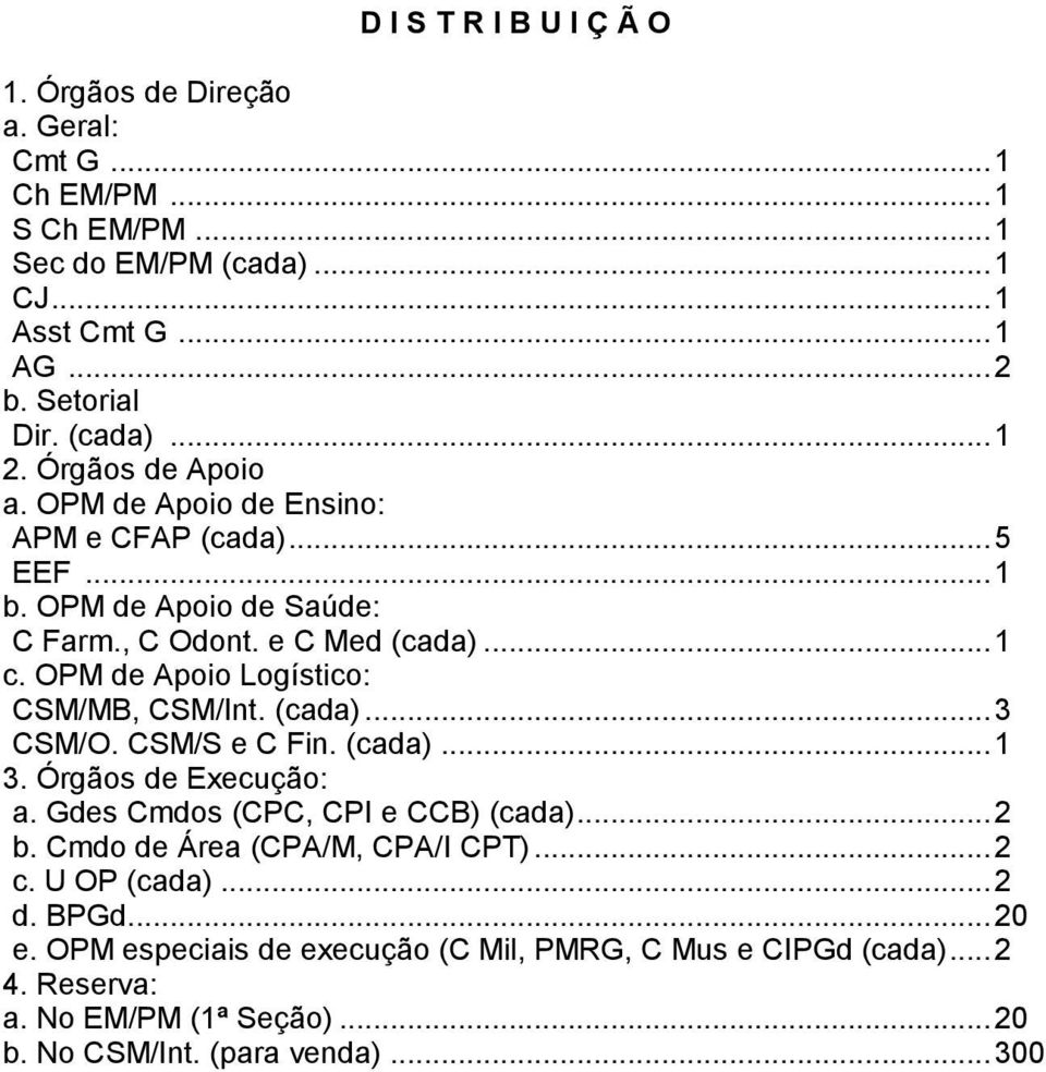 OPM de Apoio Logístico: CSM/MB, CSM/Int. (cada)... 3 CSM/O. CSM/S e C Fin. (cada)... 1 3. Órgãos de Execução: a. Gdes Cmdos (CPC, CPI e CCB) (cada)... 2 b.