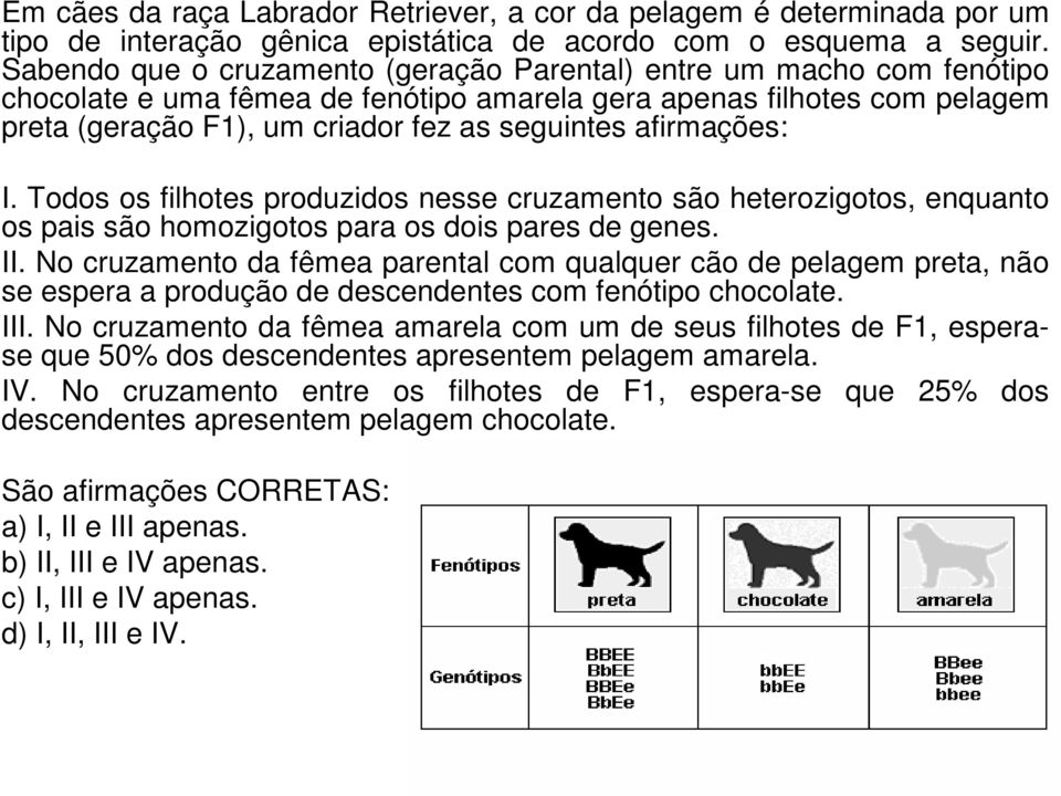 afirmações: I. Todos os filhotes produzidos nesse cruzamento são heterozigotos, enquanto os pais são homozigotos para os dois pares de genes. II.