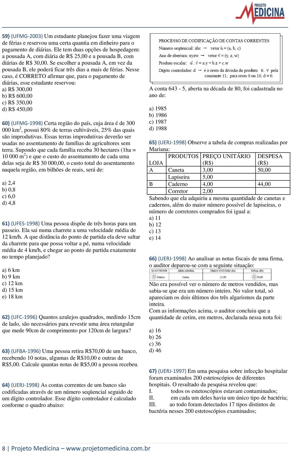 Nesse caso, é CORRETO afirmar que, para o pagamento de diárias, esse estudante reservou: a) R$ 300,00 b) R$ 600,00 c) R$ 350,00 d) R$ 450,00 60) (UFMG-998) Certa região do país, cuja área é de 300