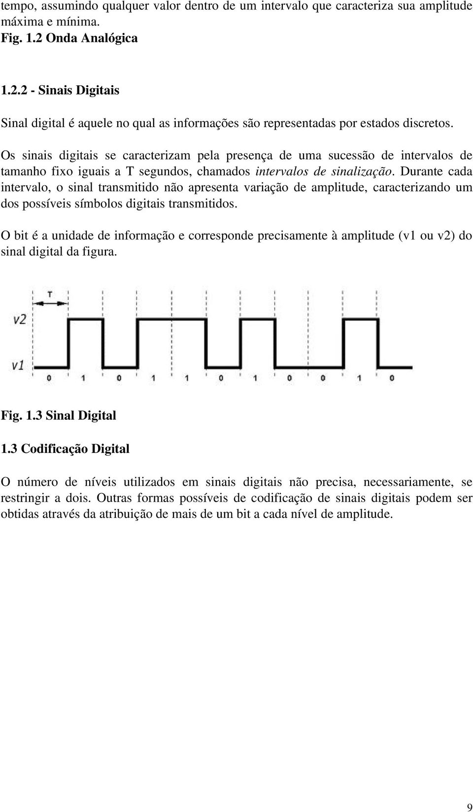 Os sinais digitais se caracterizam pela presença de uma sucessão de intervalos de tamanho fixo iguais a T segundos, chamados intervalos de sinalização.