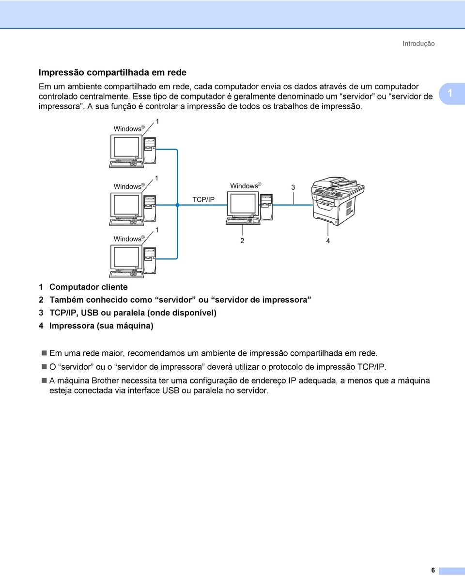 1 1 Computador cliente 2 Também conhecido como servidor ou servidor de impressora 3 TCP/IP, USB ou paralela (onde disponível) 4 Impressora (sua máquina) Em uma rede maior, recomendamos um ambiente de