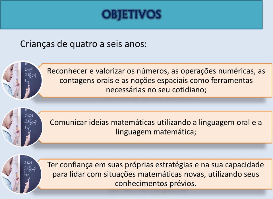 matemáticas utilizando a linguagem oral e a linguagem matemática; Ter confiança em suas próprias