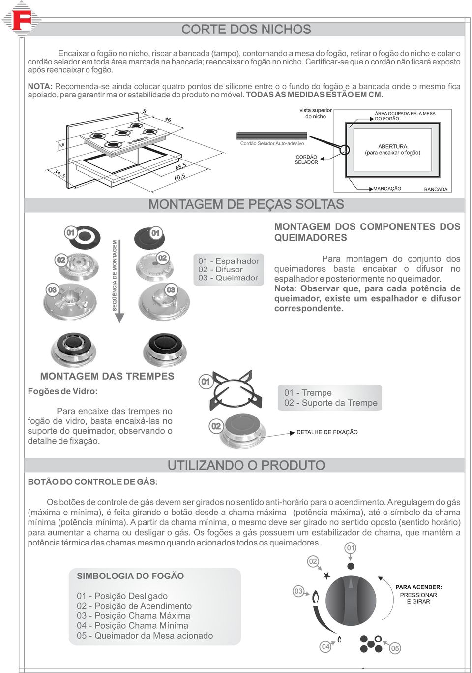 NOTA: Recomenda-se ainda colocar quatro pontos de silicone entre o o fundo do fogão e a bancada onde o mesmo fica apoiado, para garantir maior estabilidade do produto no móvel.