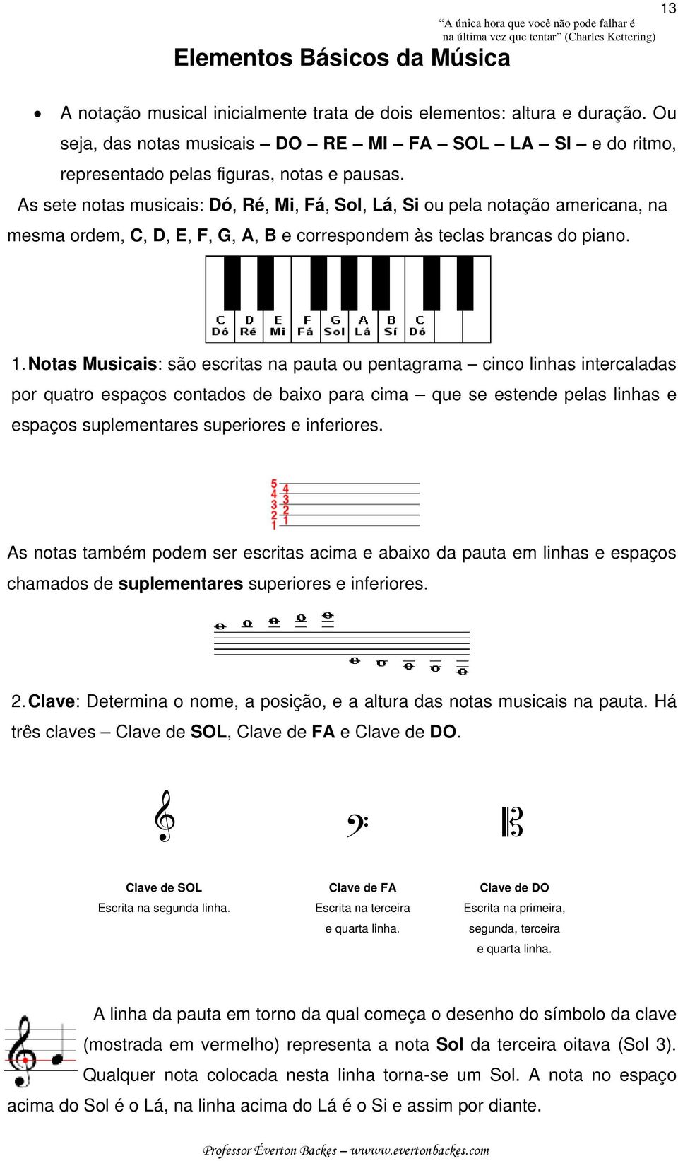 As sete notas musicais: Dó, Ré, Mi, Fá, Sol, Lá, Si ou pela notação americana, na mesma ordem, C, D, E, F, G, A, B e correspondem às teclas brancas do piano. 13 1.
