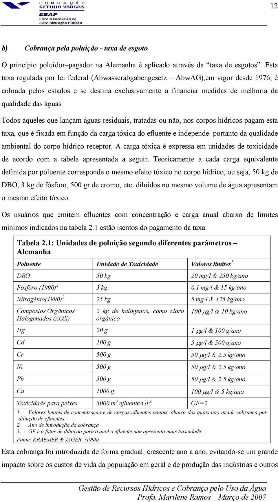 Todos aqueles que lançam águas residuais, tratadas ou não, nos corpos hídricos pagam esta taxa, que é fixada em função da carga tóxica do efluente e independe portanto da qualidade ambiental do corpo