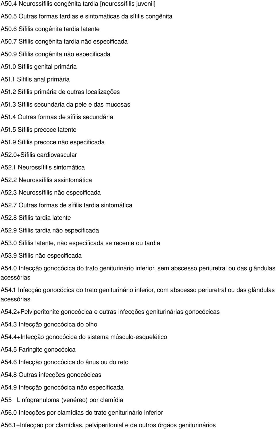 3 Sífilis secundária da pele e das mucosas A51.4 Outras formas de sífilis secundária A51.5 Sífilis precoce latente A51.9 Sífilis precoce não especificada A52.0+Sífilis cardiovascular A52.