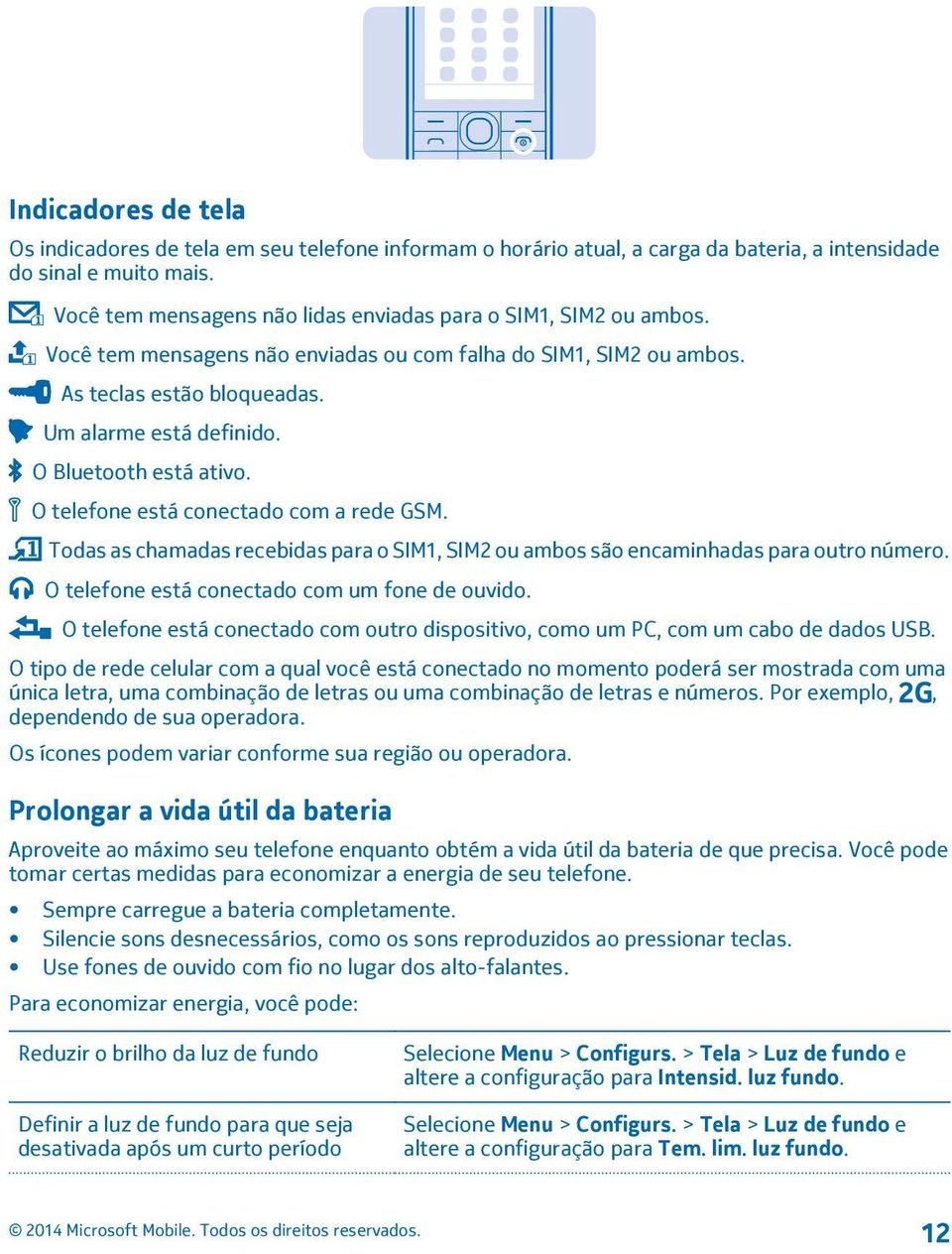 O Bluetooth está ativo. O telefone está conectado com a rede GSM. Todas as chamadas recebidas para o SIM1, SIM2 ou ambos são encaminhadas para outro número.