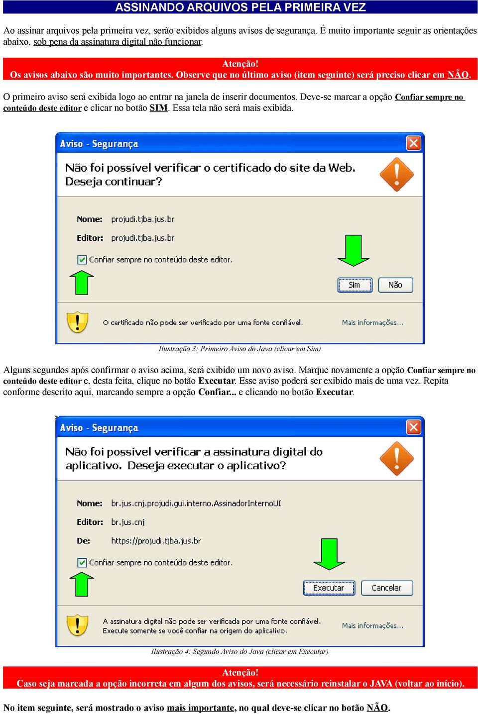 Observe que no último aviso (item seguinte) será preciso clicar em NÃO. O primeiro aviso será exibida logo ao entrar na janela de inserir documentos.