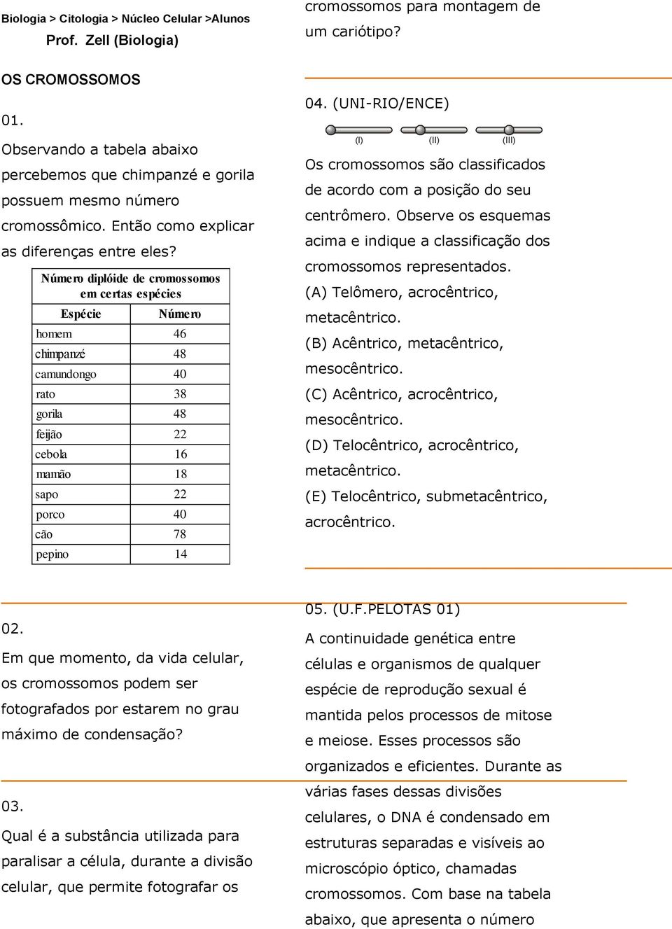 Número diplóide de cromossomos em certas espécies Espécie Número homem 46 chimpanzé 48 camundongo 40 rato 38 gorila 48 feijão 22 cebola 16 mamão 18 sapo 22 porco 40 cão 78 pepino 14 04.