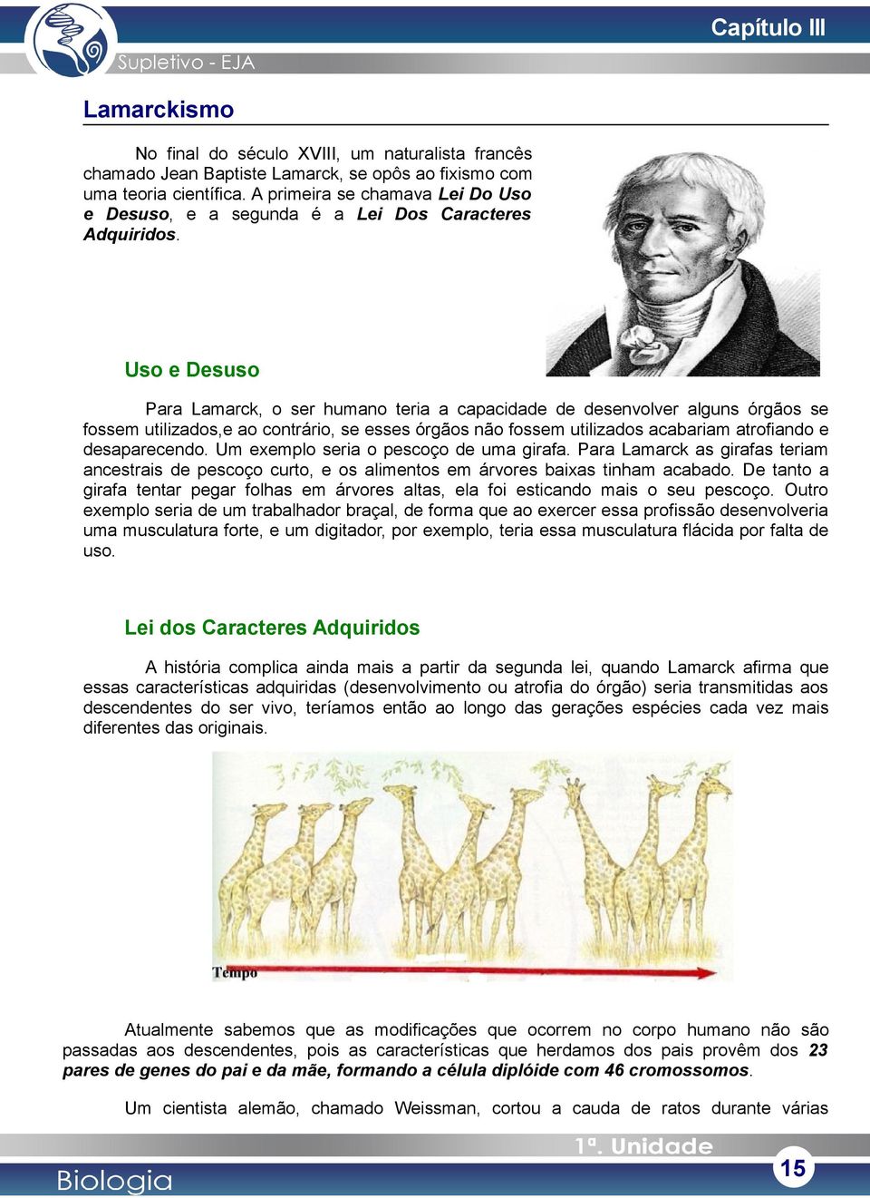 Uso e Desuso Para Lamarck, o ser humano teria a capacidade de desenvolver alguns órgãos se fossem utilizados,e ao contrário, se esses órgãos não fossem utilizados acabariam atrofiando e desaparecendo.