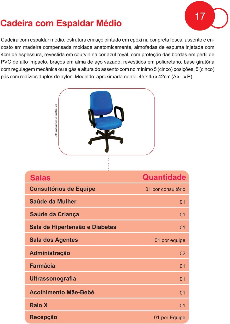 giratória com regulagem mecânica ou a gás e altura do assento com no mínimo 5 (cinco) posições, 5 (cinco) pás com rodízios duplos de nylon. Medindo aproximadamente: 45 x 45 x 42cm (A x L x P).