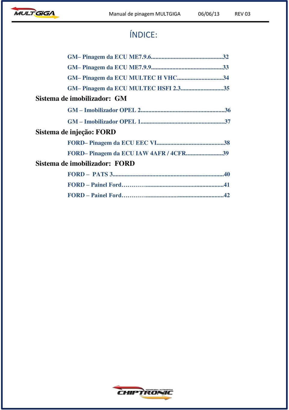 ..36 GM Imobilizador OPEL 1...37 Sistema de injeção: FORD FORD Pinagem da ECU EEC VI.