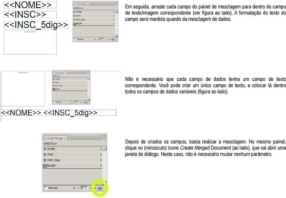 Você pode criar um único campo de texto, e colocar lá dentro todos os campos de dados variáveis (figura ao lado).