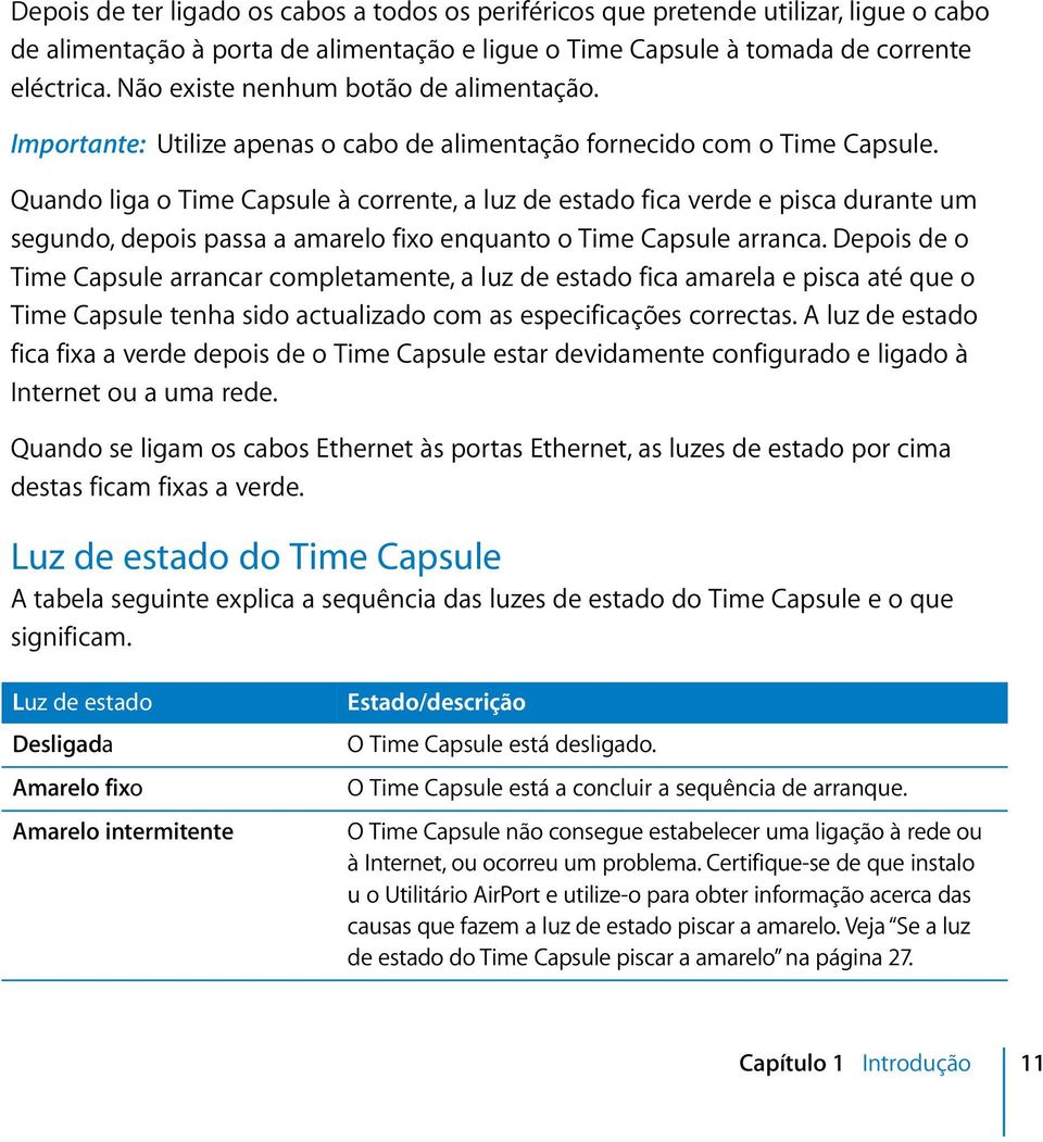 Quando liga o Time Capsule à corrente, a luz de estado fica verde e pisca durante um segundo, depois passa a amarelo fixo enquanto o Time Capsule arranca.