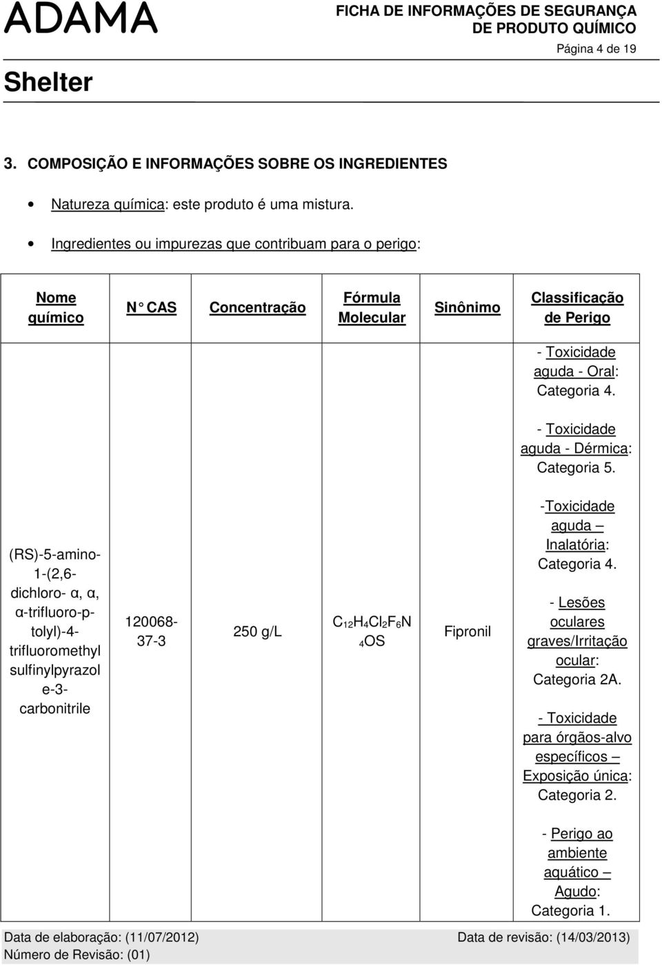 - Toxicidade aguda - Dérmica: Categoria 5.