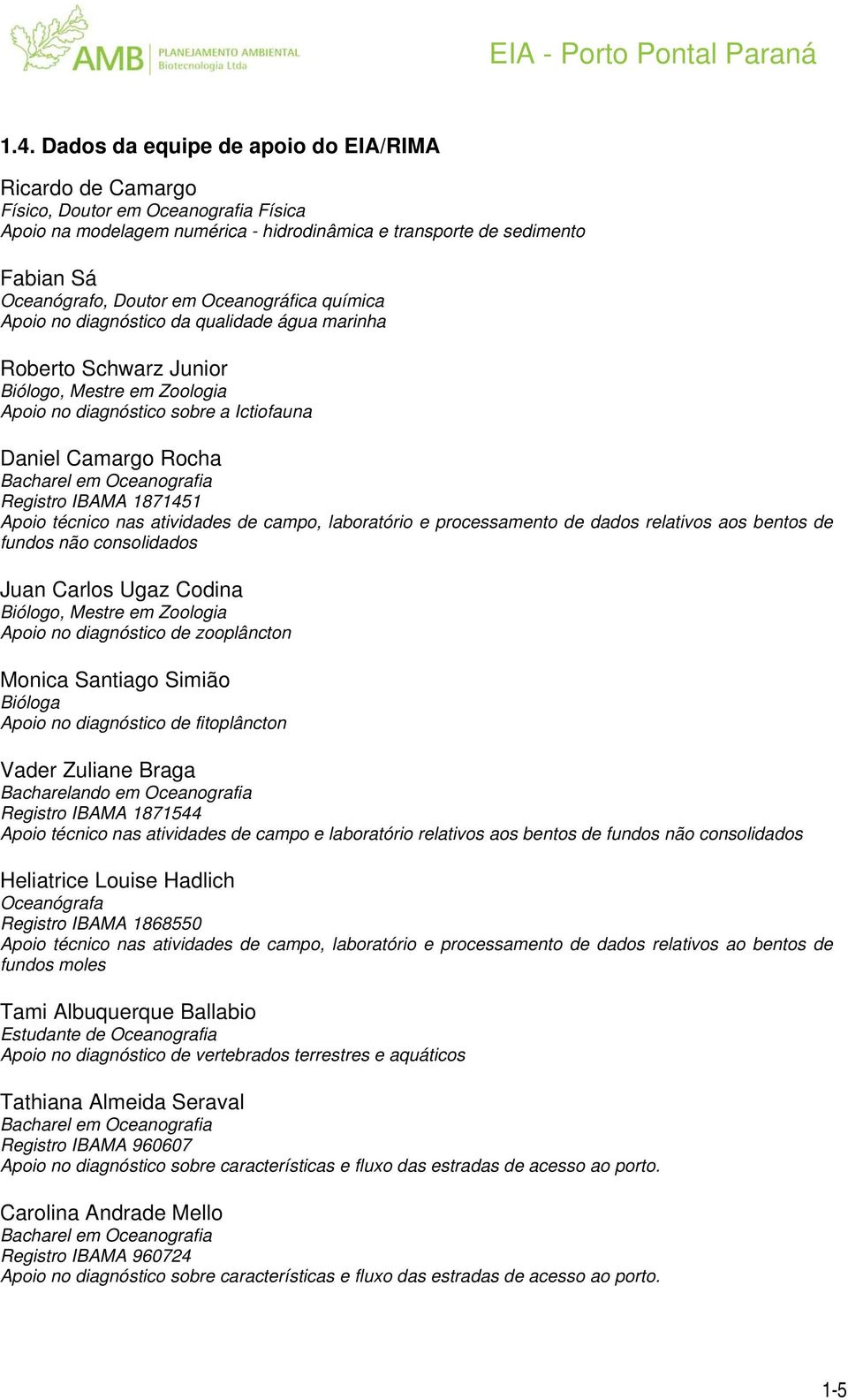 1871451 Apoio técnico nas atividades de campo, laboratório e processamento de dados relativos aos bentos de fundos não consolidados Juan Carlos Ugaz Codina Biólogo, Mestre em Zoologia Apoio no