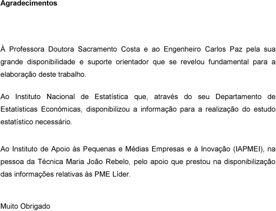 Ao Instituto Nacional de Estatística que, através do seu Departamento de Estatísticas Económicas, disponibilizou a informação para a realização