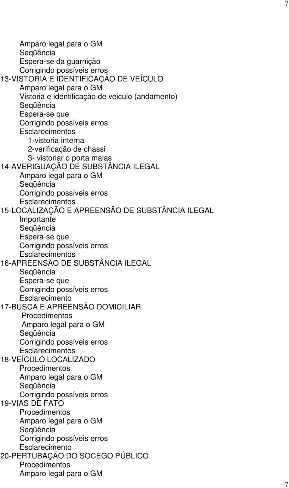 Seqüência Corrigindo possíveis erros Esclarecimentos 15-LOCALIZAÇÃO E APREENSÃO DE SUBSTÂNCIA ILEGAL Importante Seqüência Espera-se que Corrigindo possíveis erros Esclarecimentos 16-APREENSÃO DE