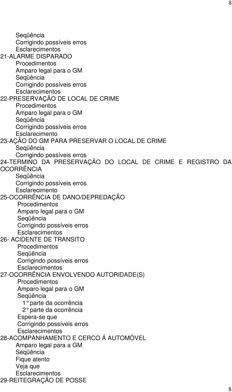 DO LOCAL DE CRIME E REGISTRO DA OCORRÊNCIA Seqüência Corrigindo possíveis erros Esclarecimento 25-OCORRÊNCIA DE DANO/DEPREDAÇÃO Procedimentos Amparo legal para o GM Seqüência Corrigindo possíveis