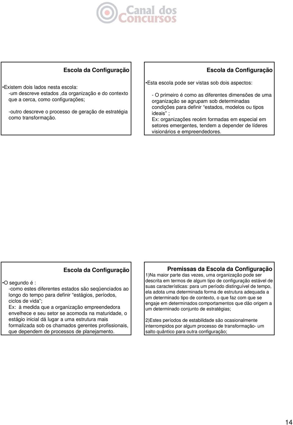 Escola da Configuração Esta escola pode ser vistas sob dois aspectos: - O primeiro é como as diferentes dimensões de uma organização se agrupam sob determinadas condições para definir estados,