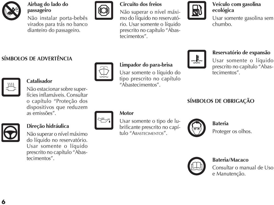 SÍMBOLOS DE DVERTÊNCI Catalisador Não estacionar sobre superfícies inflamáveis. Consultar o capítulo Proteção dos dispositivos que reduzem as emissões.