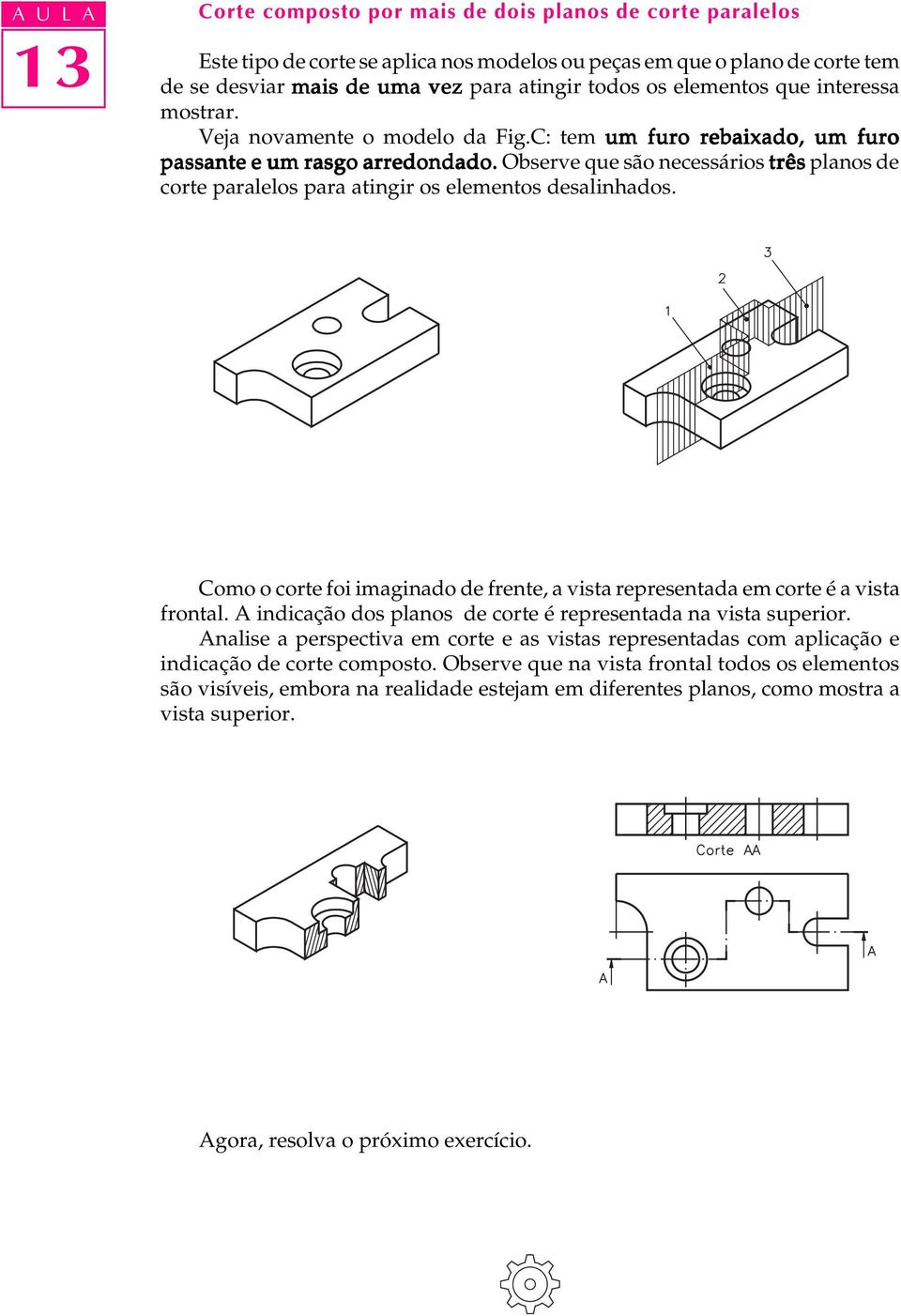 Observe que são necessários três planos de corte paralelos para atingir os elementos desalinhados. Como o corte foi imaginado de frente, a vista representada em corte é a vista frontal.