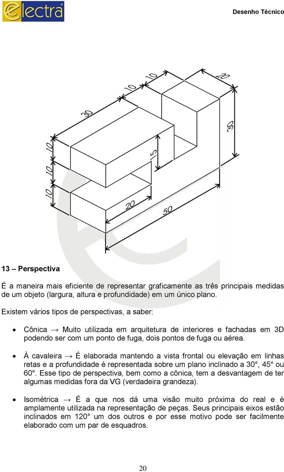 À cavaleira É elaborada mantendo a vista frontal ou elevação em linhas retas e a profundidade é representada sobre um plano inclinado a 30, 45 ou 60.