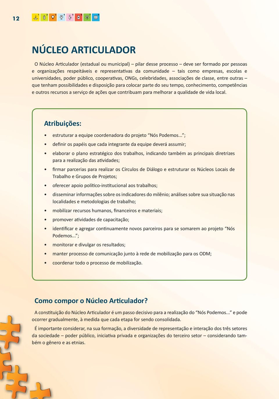 competências e outros recursos a serviço de ações que contribuam para melhorar a qualidade de vida local. Atribuições: estruturar a equipe coordenadora do projeto Nós Podemos.