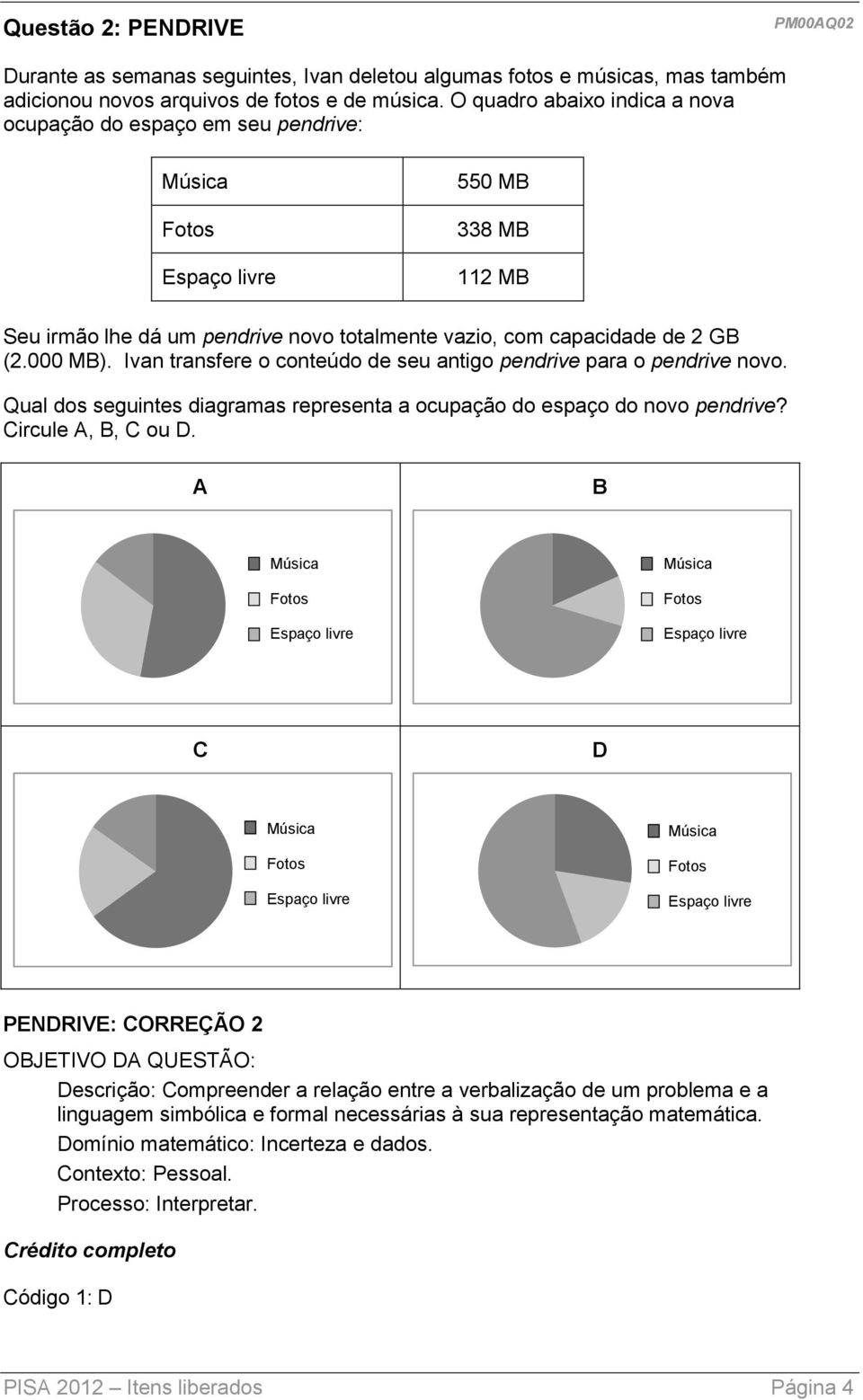 Ivan transfere o conteúdo de seu antigo pendrive para o pendrive novo. Qual dos seguintes diagramas representa a ocupação do espaço do novo pendrive? Circule A, B, C ou D.