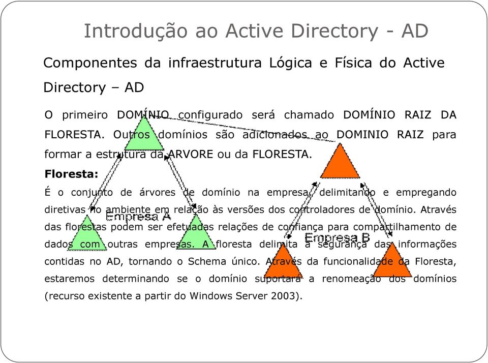 Floresta: É o conjunto de árvores de domínio na empresa, delimitando e empregando diretivas no ambiente em relação às versões dos controladores de domínio.