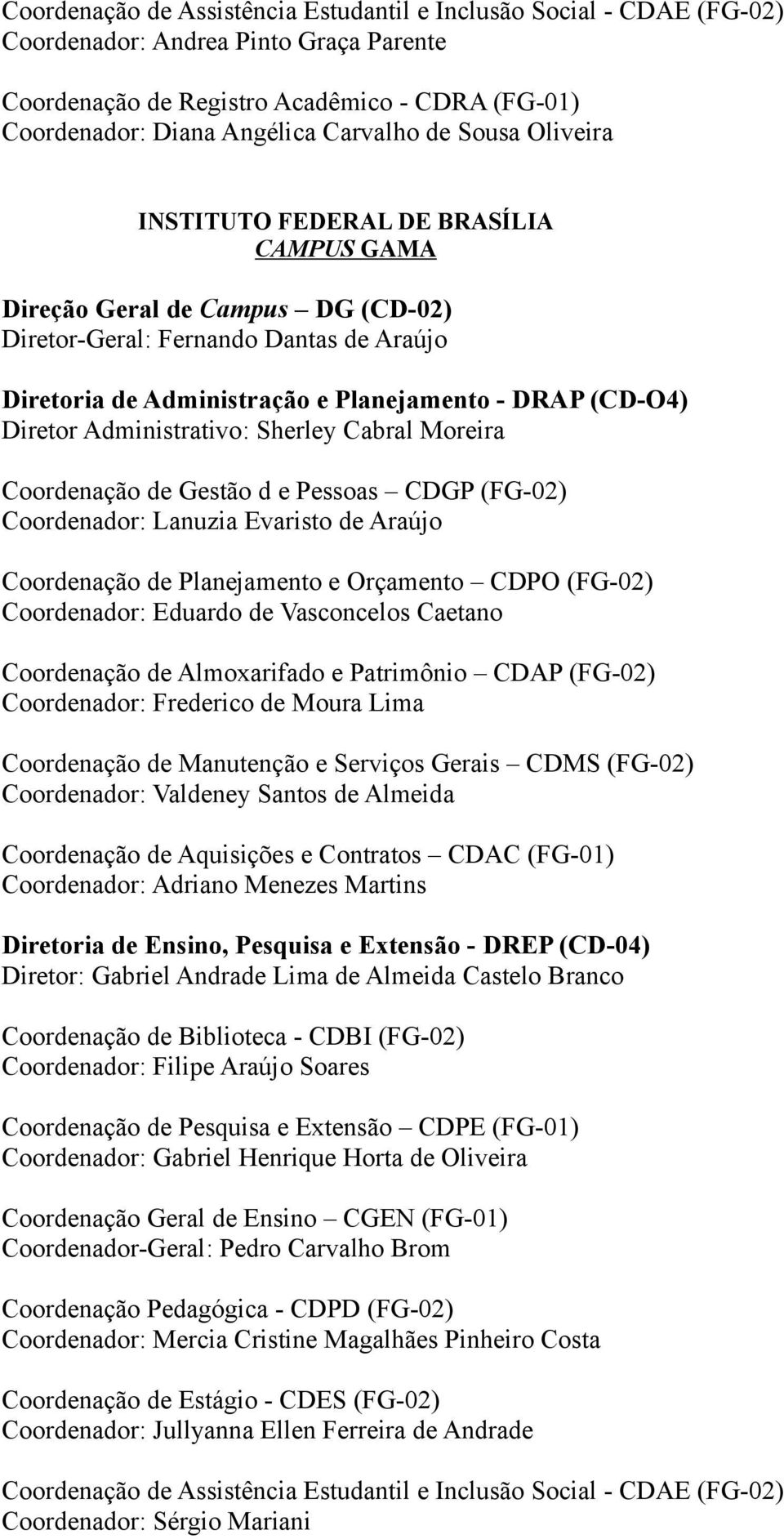 Administrativo: Sherley Cabral Moreira Coordenação de Gestão d e Pessoas CDGP (FG-02) Coordenador: Lanuzia Evaristo de Araújo Coordenação de Planejamento e Orçamento CDPO (FG-02) Coordenador: Eduardo